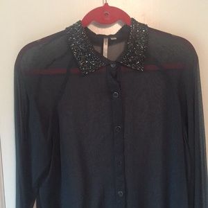 Sequined sheer long-sleeved blouse